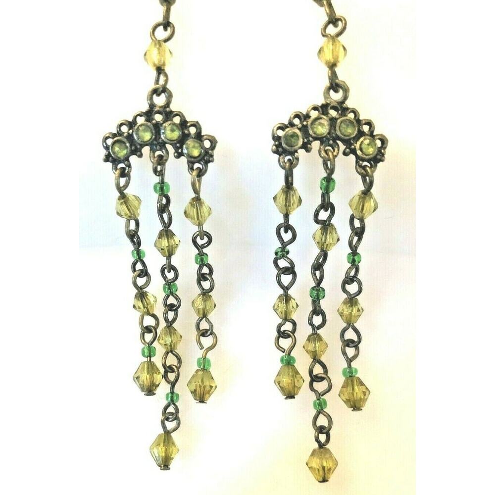 Beaded 3 Strand Blue Green Dangle Earrings 2 1/2"